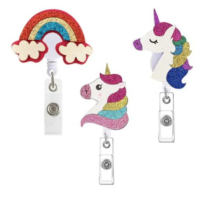 

Clearance Cute Cartoon Unicorn Badge Holder Clip for Women Glitter ID Card Business Retractable Reel Clip Office Supplies