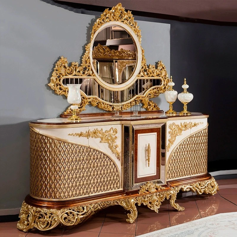 طاولة طعام وكراسي فرنسية من الخشب الصلب المنحوت على شكل زهرة ملصق أوراق ذهبية طاولة طعام فرنسية طويلة كرسي قماش فرنسي