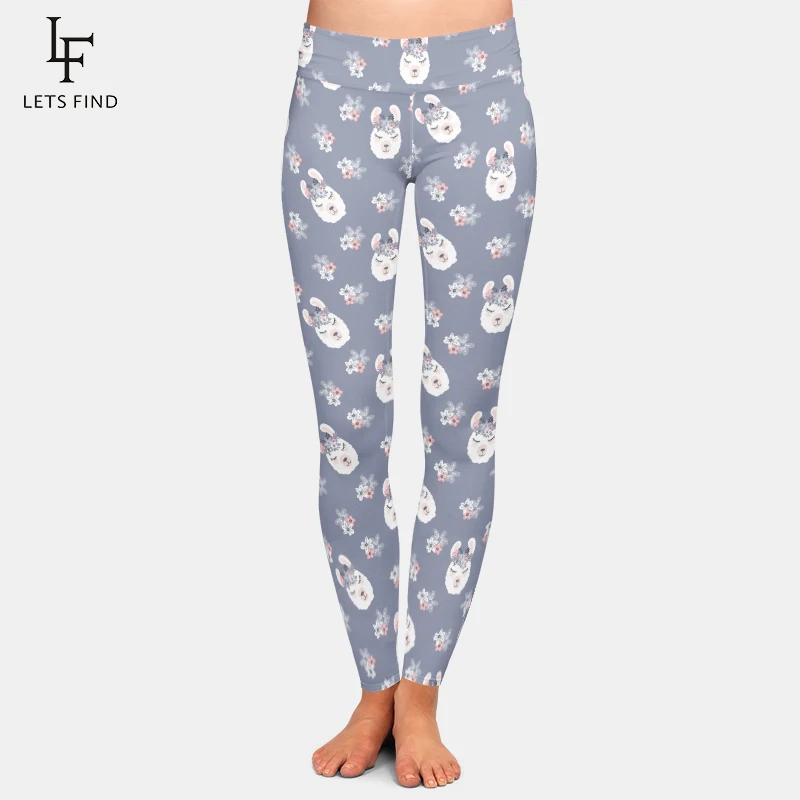 LETSFIND New Women High Waist Lavender Leggings Cartoon Alpaca Printing Fashion Elastic Milk Silk  Casual Girl Pants