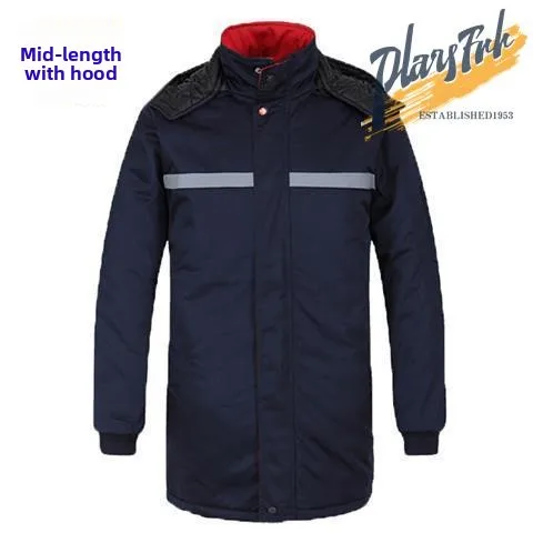 

Утепленная хлопковая рабочая куртка для мужчин: зимнее теплое пальто средней длины с капюшоном для защиты от холода и работы в холодных условиях