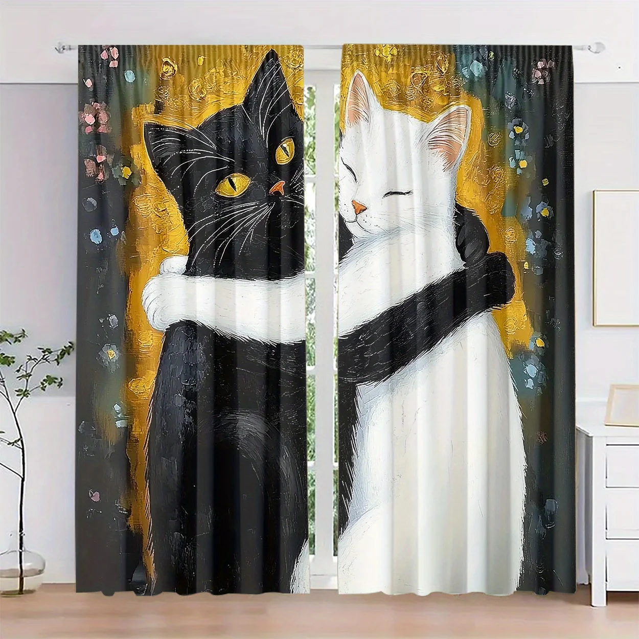 Embracing Cats Curtains 2-Pack, Black White Art Deco Print 100% Polyester Peach Velvet Fade Resistant for Bedroom Living Room