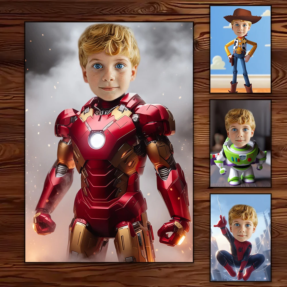 Custom Iron Man Photo Cartoon Prints Personalized Woody Portrait for Kid Caricature Poster Toy Story Canvas Painting Boys Gifts