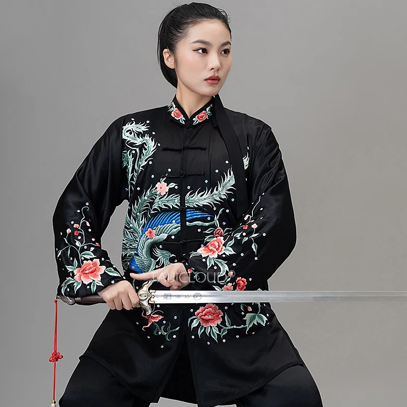 Black Phoenix Embroidery Silk Tai Chi Costume - Flowing Martial Arts Uniform for Competition, Training & Baduanjin Exercise - Image 4