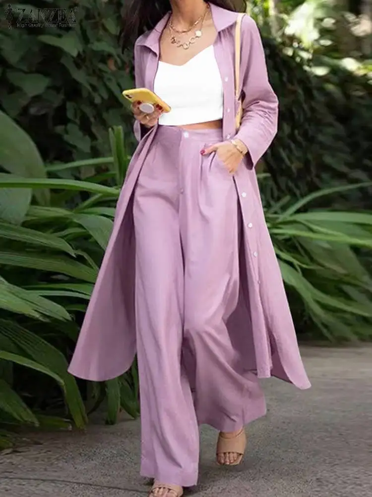 ZANZEA Stylish Autumn Women Matching Sets Casual Full Sleeve Lapel Long Shirt Work Pant Sets Solid Trouser Loose OL Retro