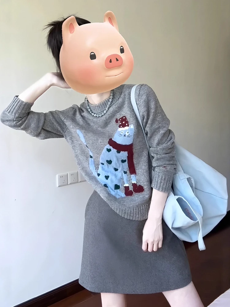 

Корейский с напуском свитер с рисунком кота, женский осенне-зимний серый жаккардовый вязаный топ премиум-класса с круглым вырезом и сердечным узором, трикотаж