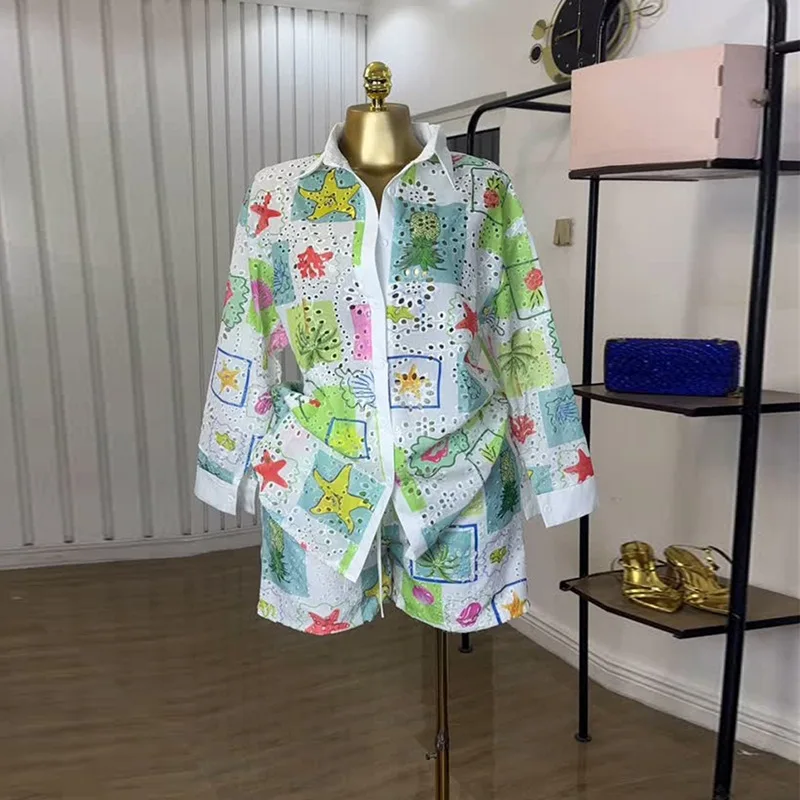 

Women's Clothing 2025 Summer New Fashion Printed Hollow Out Turn-down Collar Long Sleeve Shirt Shorts Casual Set