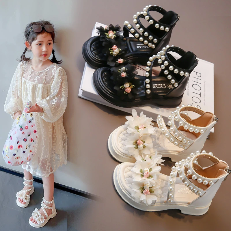 Girls Sandals Summer New Beige Flower Pearls Little Girl Princess Shoes Black Soft Bottom Non-slip Girls Kid Roman Sandals Shoes