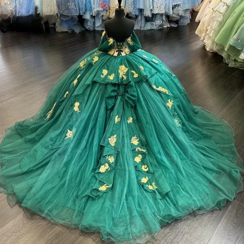 

Arabic Muslim Real Picture Emerald Quinceanera Dresses Gold Lace Ball Gown Vestido De xv Anos Sweet 16 Birthday Party Prom Dress