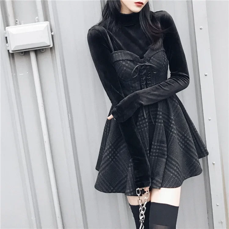 Ruibbit New Spring Autumn Women gray Plaid Pleated Dress Sling Strap Backless Rock Punk Dress Gothic Girls Female Short Dresses