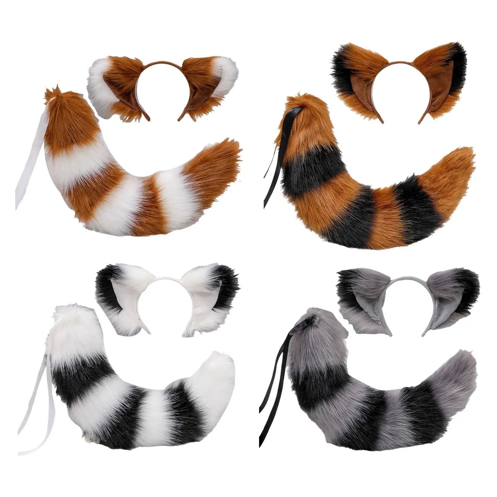 Long Fox Ears Tail Cosplay Halloween Toys Headwear Adults Party Children