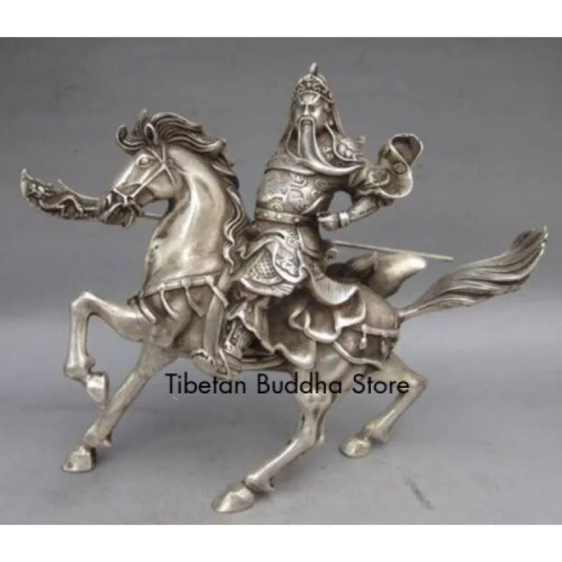 

Chinese old Tibet Silver Hand Carved Warrior God Guan Yu & Horse Statue 20361