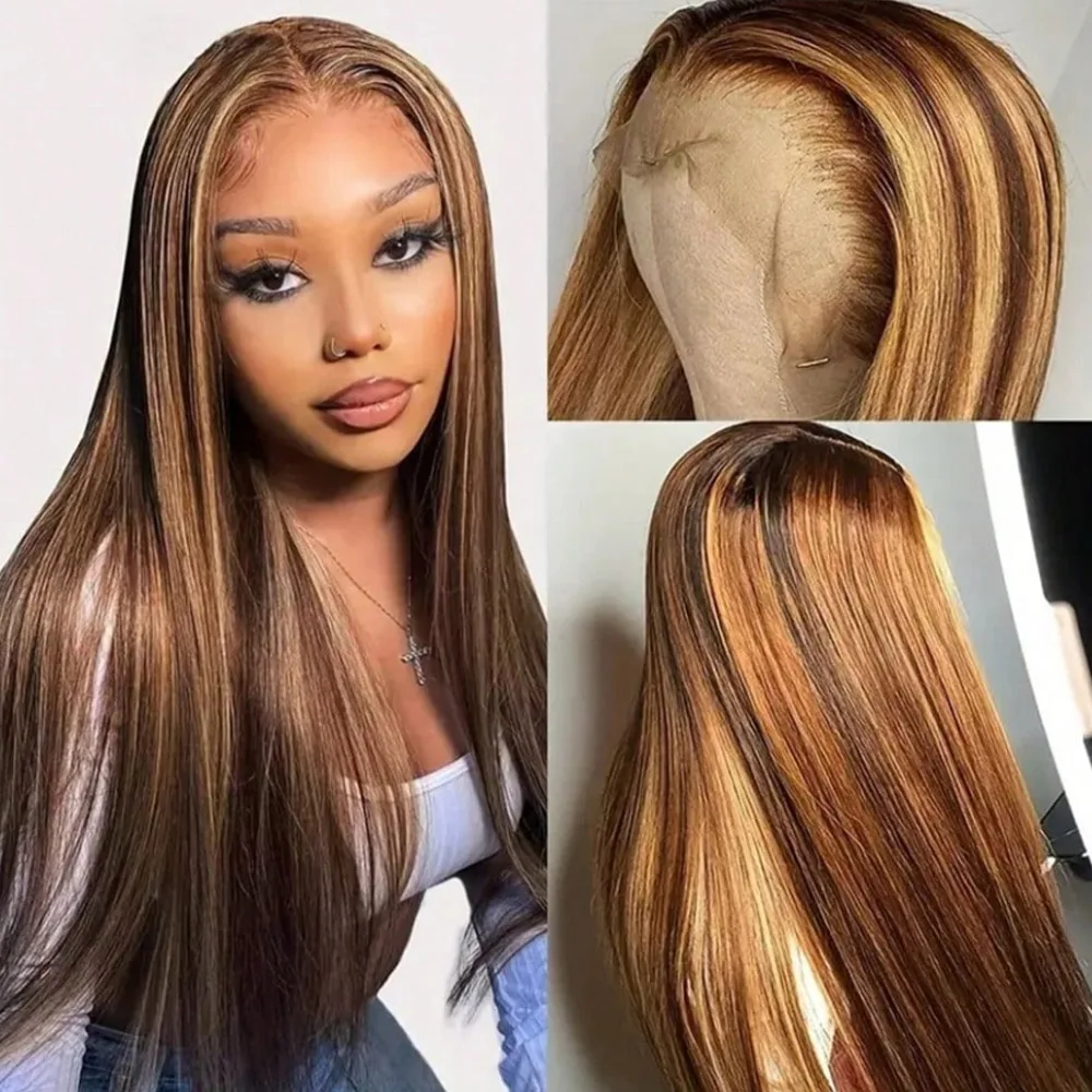 4/27 Highlight Ombre 200% Density 13x6 Lace Front Wigs Human Hair Pre Plucked Straight HD Transparent Lace Front Human Hair Wigs