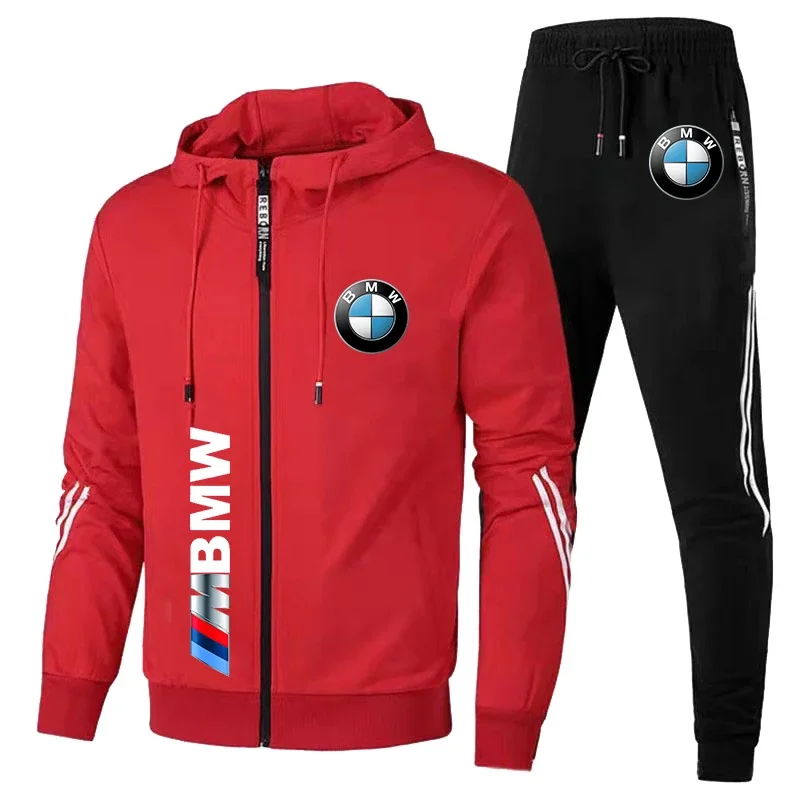 Conjunto deportivo con estampado de logotipo de BMW para hombre, camisa deportiva informal de gran tamaño con capucha y pantalones, dos piezas, 2024