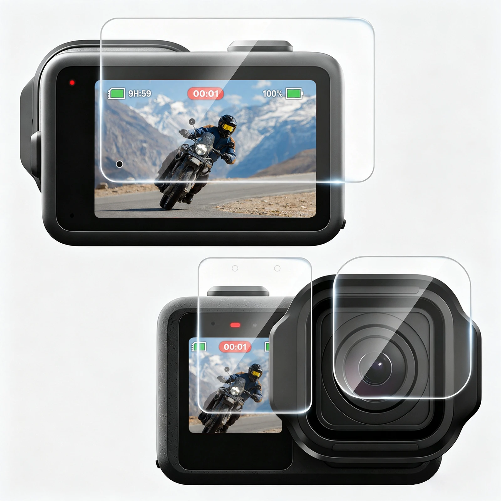 PULUZ 3-in-1 9H Tempered Glass Film For GoPro MISSION 1 / MISSION 1 PRO Camera Lens Film & Front + Rear Screen Protector Films