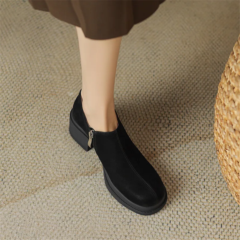 2023 New Autumn Genuine Leather Loafers French Round Toe Chunky Heel Winter Women Pumps High Heels Shoes for Women Handmade