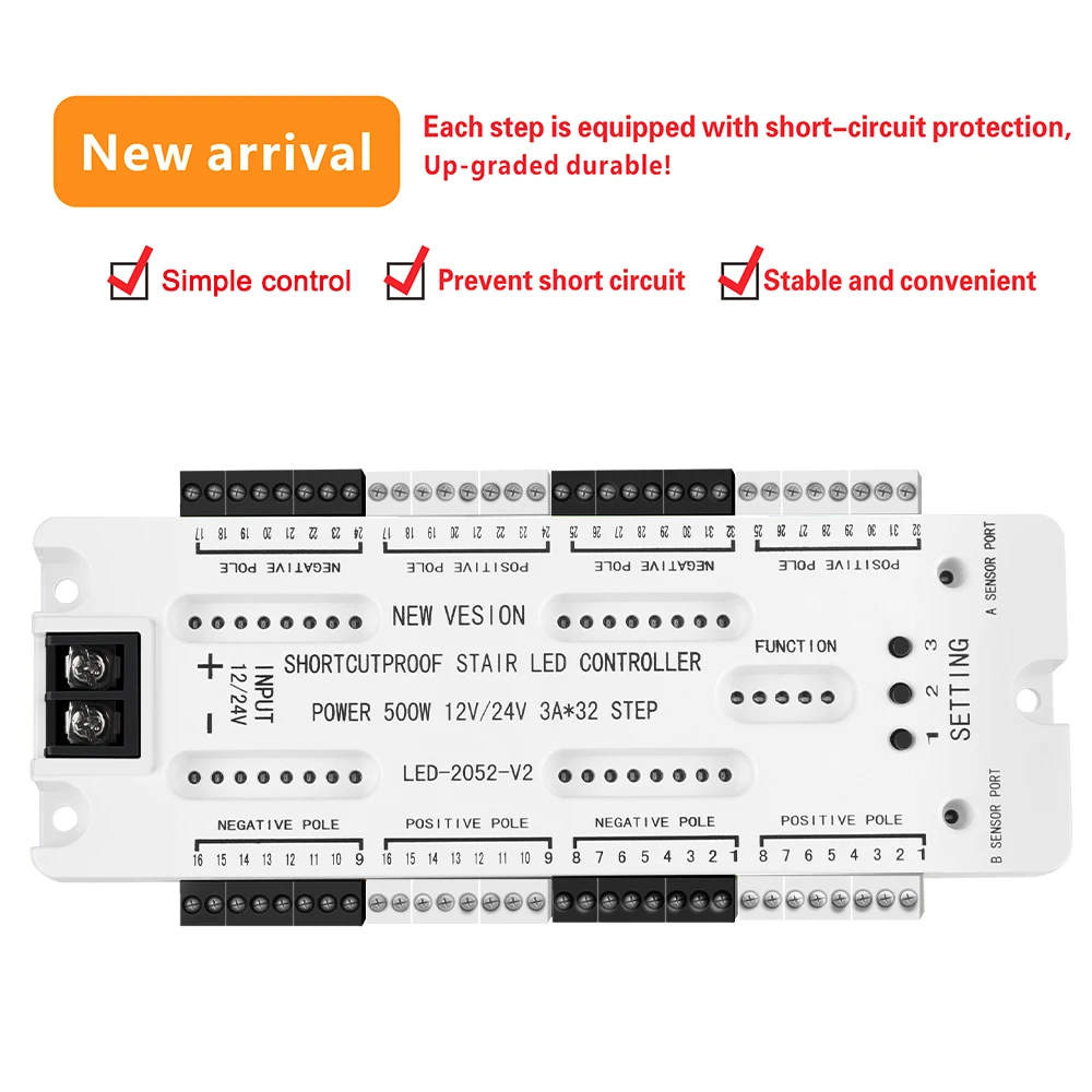 Controlador de cortocircuito para escalera, luz LED con Sensor de movimiento DC12V/24V, luz nocturna, 32 canales