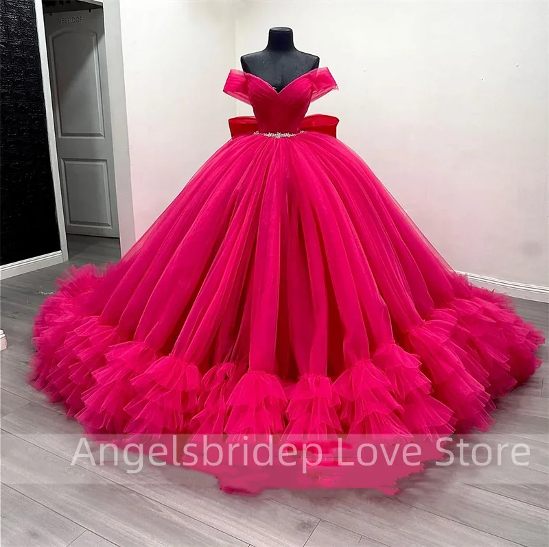 

Angelsbridep New Arrival Hot Pink Ball Gown Quinceanera Dresses Beading Ruffle Bottom Birthday Party Dress Mexican