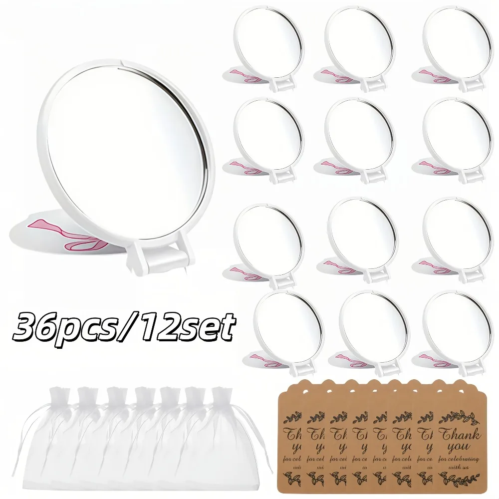Juego de 36 Espejos de Bolsillo con Lazo Rosa (12 Sets) con Bolsitas y Tarjetas, Plegables, Portátiles y Compactos para Mujeres, Recuerdos de Boda y Fiestas