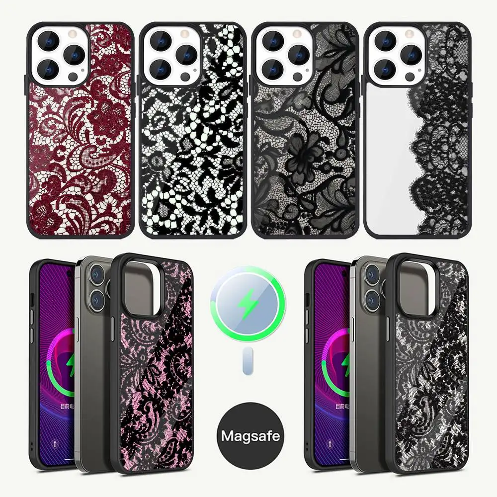 

Винтажный кружевной чехол для телефона для iPhone 17,16,15,14,13,12,11, Plus, Pro, Max Mini Magsafe с магнитной беспроводной зарядкой