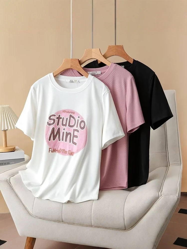 

Faionable Футболка с принтом и круглым подолом ort Sve Ice Silk, женский летний топ больших размеров, удобная повседневная одежда свободного покроя