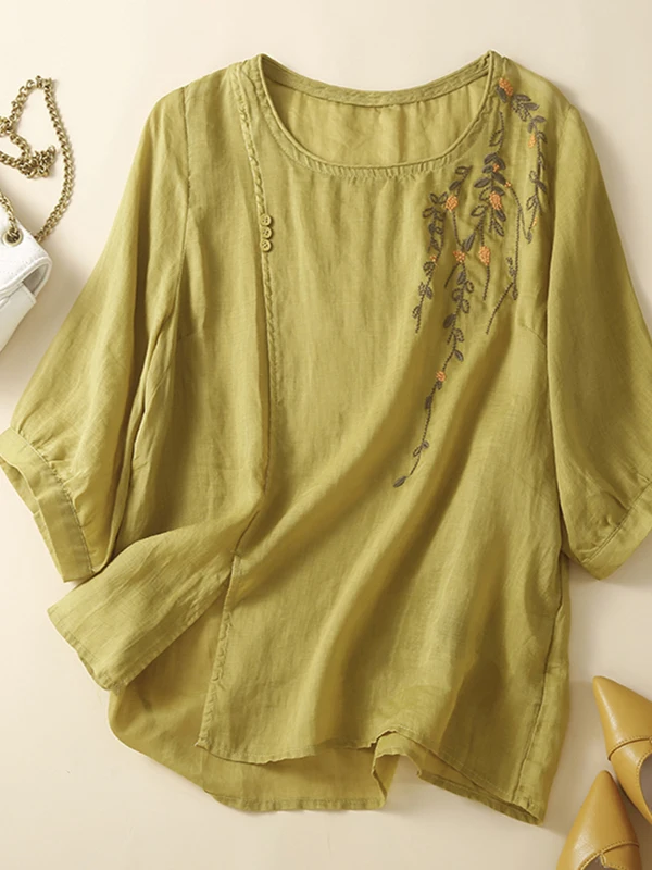 

Loose round Ne ort Sve Embroidered irt Artistic Vintage T-irt Women's plus Size Summer New Sle Commute Sle