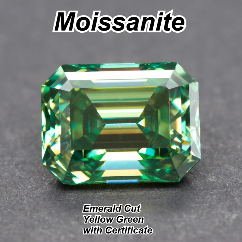 

Moissanite Emerald Cut Primary Color Yellow Green Gemstone DIY Charms Ring Necklace Earrings Main Materials with Certificate