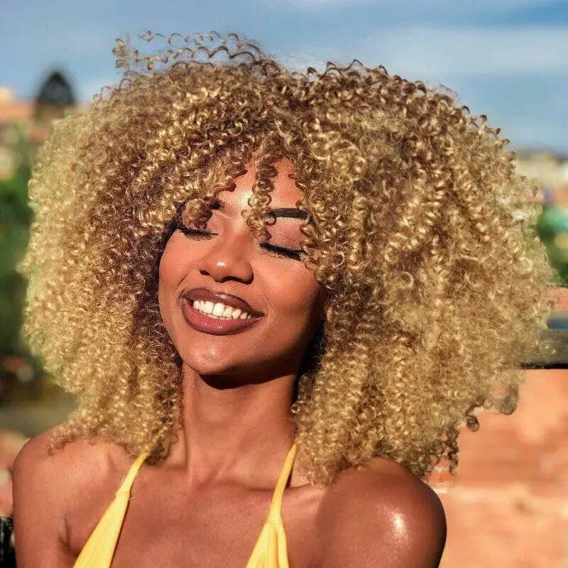 

Synthetic Curly Afro Wigs for Black Women Short Kinky Curly Wigs with Bangs 14inch Blonde Afro Hair Synthetic Fibre Wigs
