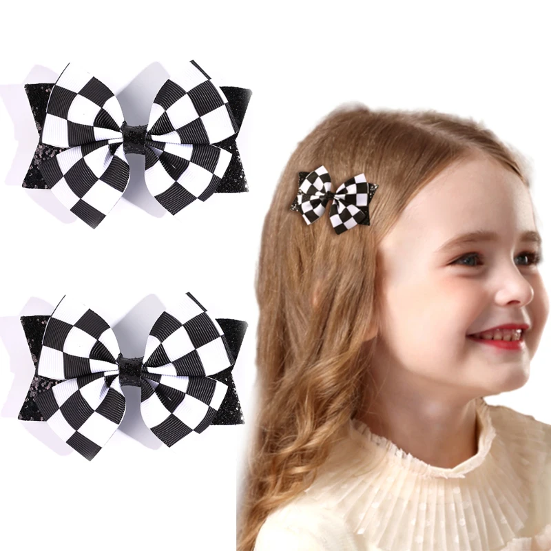 

ncmama 2Pcs Black White Plaid Bow Hairpin for Kids Girl Cute Handmade Glitter Hair Clip Baby Headwear Barrettes Hair Accessories