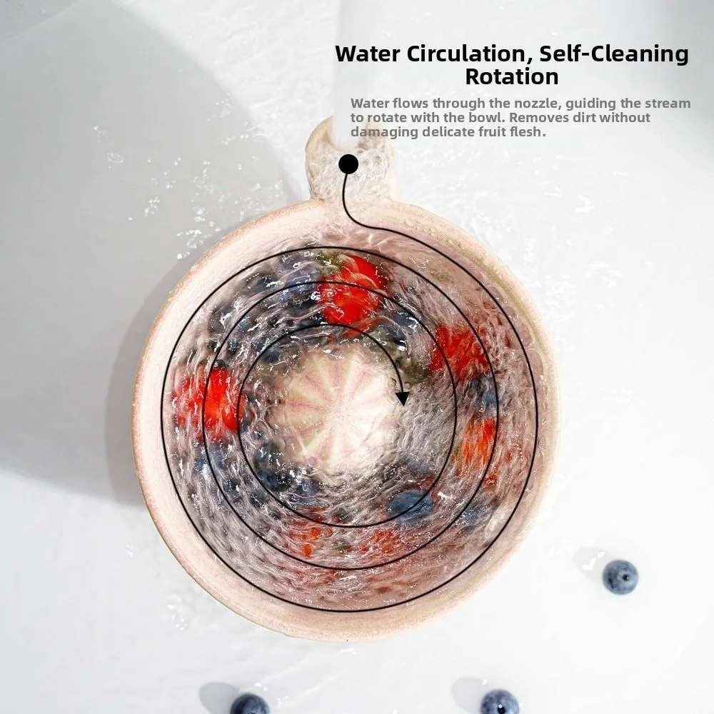Ceramic Automatic Fruit Washing Bowl Built-In Drain Slots 360 Degree Rotating Dynamic Vortex Cleaning Bowl Quick Drain
