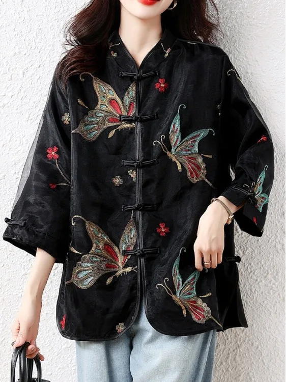 New Chinese Style Women's Loose  Embroidery Shirt Stand Collar Coat Autumn Vintage Fashion Top Polyester Fiber Long ...