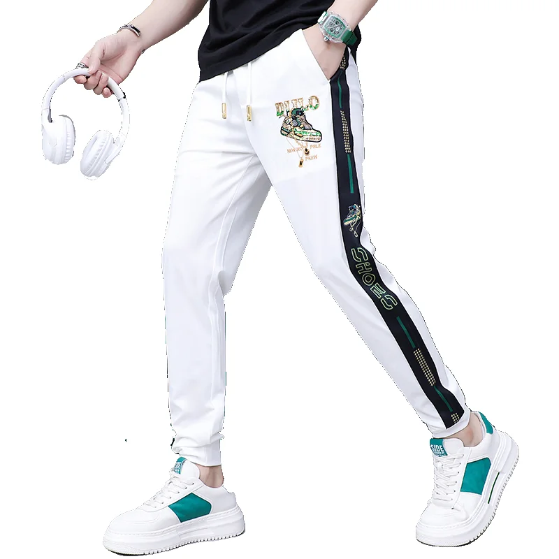 Luxury Summer Print Men\'s Ice Silk Trousers Mid-Waist Loose Breathable Straight-Leg Casual Pants Thin Quick-Drying Pants