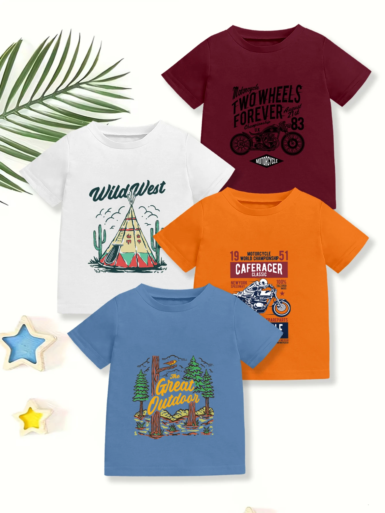 

4 предмета: летняя повседневная футболка с короткими рукавами для мальчиков, с принтом Forest Biker Man Triangle Tent