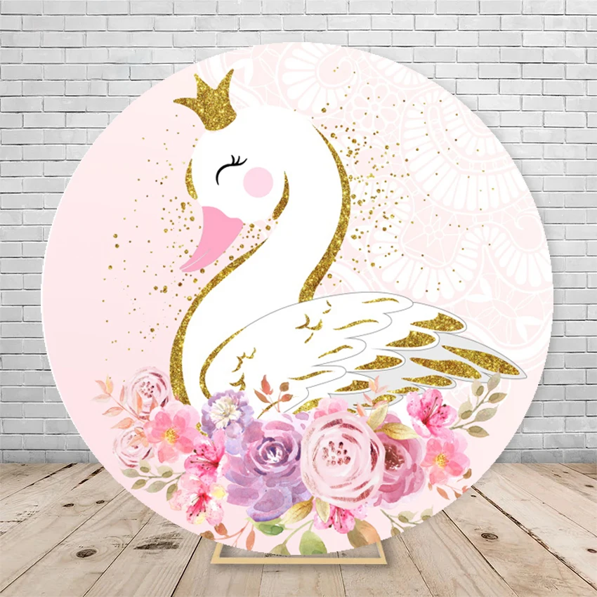 Round Photography Background White Swan Pink Gold Crown Girls Birthday Party Elastic Cover Round Decor Backdrop Photo Studio