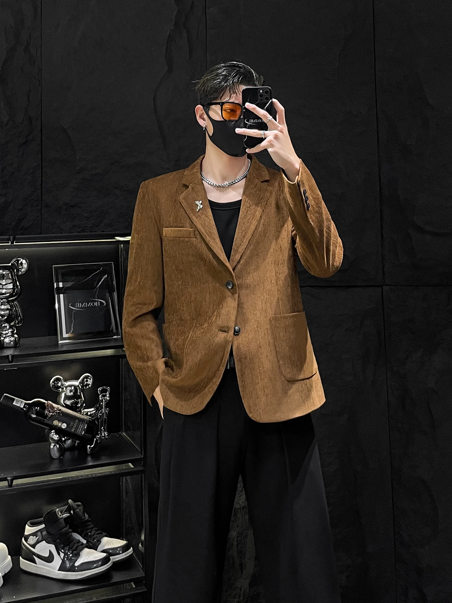 

Осенний новый мужской вельветовый костюм HOMME: пиджак с наплечниками, однотонный, модный, повседневный, с длинным рукавом, круглым подолом, плоским воротником