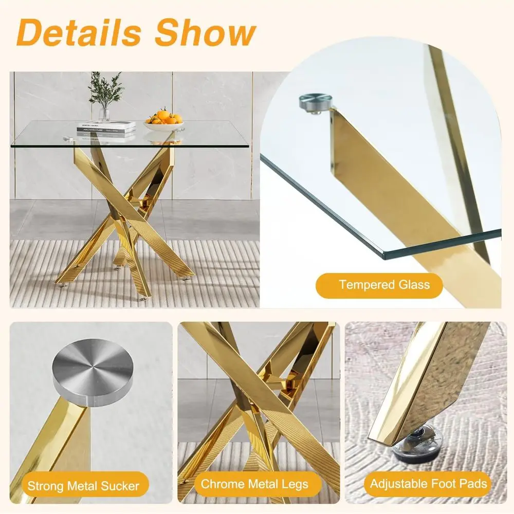 4-Person Glass Top Dining Table Set with Upholstered Chairs, 35 Square, Gold & Blue Accents for Small Kitchen or Breakfast Nook