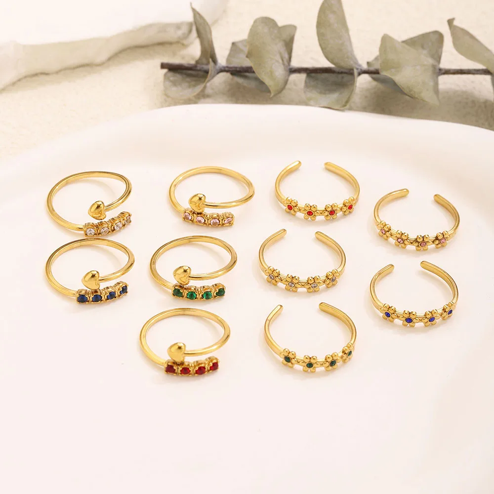 1 Stück Vergoldeter Edelstahlring für Frauen Bunter Zirkon Blumen-Herz Dünner Ring Stapelbarer Fingerschmuck Tägliches Tragen – Detail 5