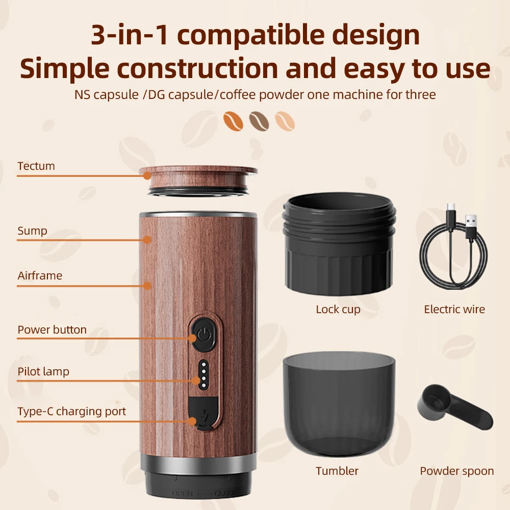 Portable Electric Espresso Coffee Machine Cordless Heating 3oz Single Serve Mini Coffee Maker 92℃ Smart Brew 20Bar Pump Pressure