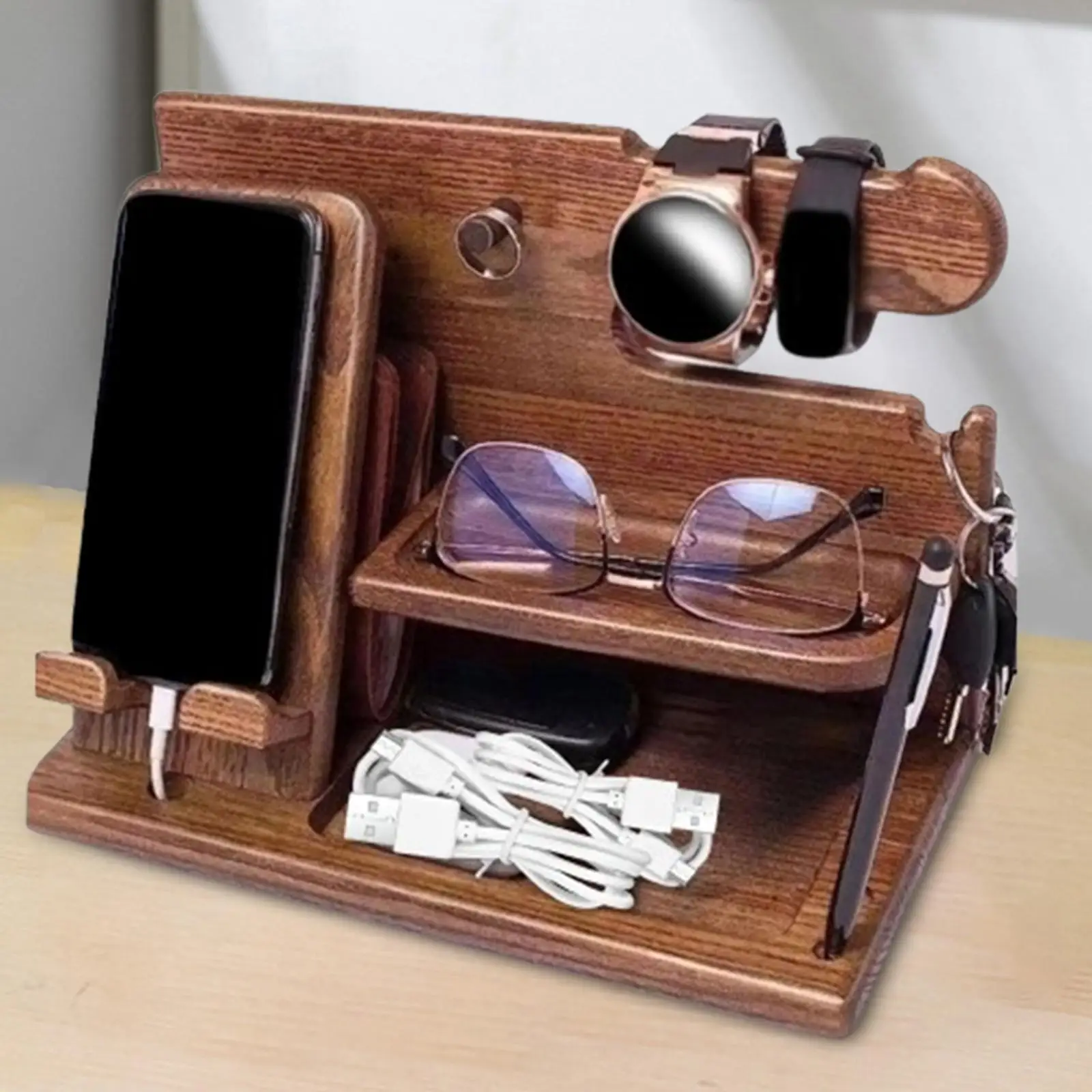 Multifunctional Wooden Desk Organizer Phone Docking Station Watch Stand Storage Rack for Father's Day