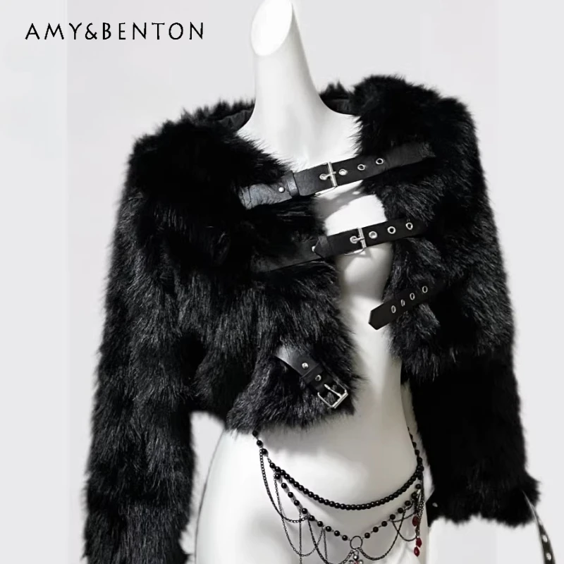 

2025 Winter New Sweet Cool Hot Girl Black Short Furry Women's Jacket Original Belt Buckle Design Stylish Short Jacketa Ladies