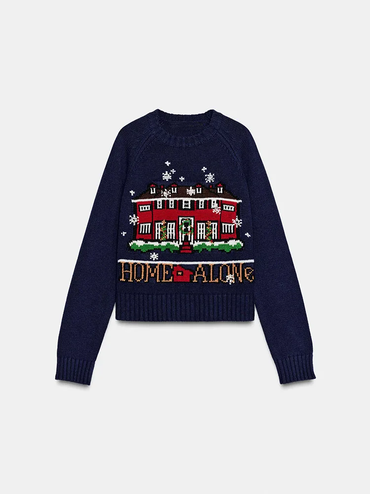 Süßer gestrickter langer Sve-Pullover mit Blumenstickerei, Neuankömmling, Winter 2025, lässige, lockere Passform, runder Ne-Overhead für Mädchen