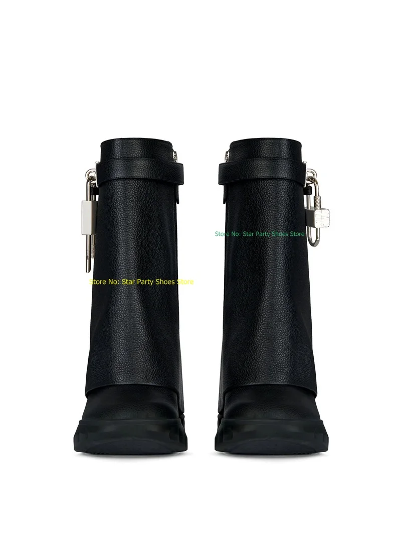 Fashion Woman Fold High Heel Double Barrel Straight Woman Knee High Boots Shark Lock Round Toe Female Slip On Long Boots