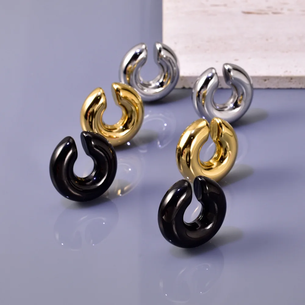 E02 Stainless steel thick round tube hollow ear rings, C-shaped golden ear clips of the same style as the Internet celebrity
