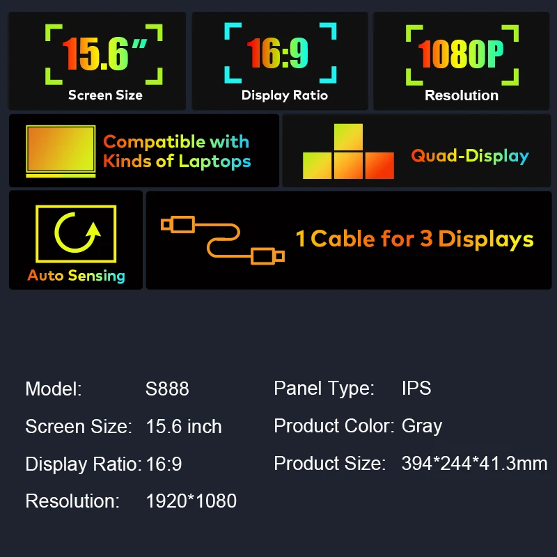 

SRGB 100% FHD IPS Panel with 360° Rotation Mental Stand Mobile Workstation Portable Tri Screen LCD Monitor