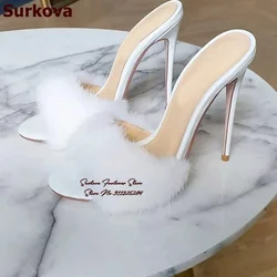 Surkova White Black Soft Fur Round Toe Slippers High Heel Open Toe Slip-on Dress Shoes Shallow Summer Banquet Pumps