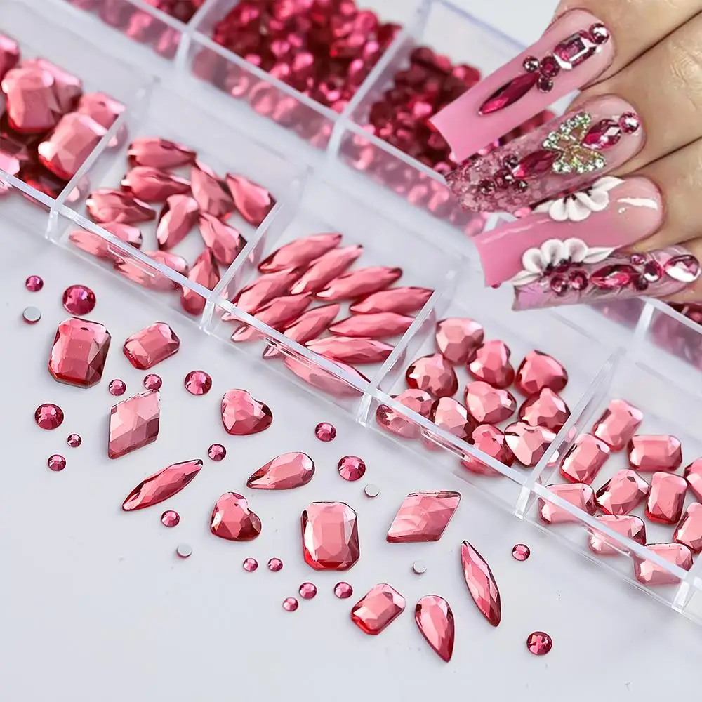 12Grid(About900+pc) 3D Rose Red Nail Art Rhinestones Mixed-Shapes Flatback Glass Diamond Nail Charms DIY Manicure Accessories PH