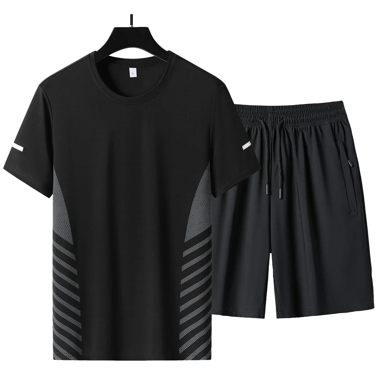 Conjunto de camiseta e shorts de seda casual masculino, roupas esportivas pretas, hip hop em corrida de rua, plus size, legal, 2 peças, verão, 2022