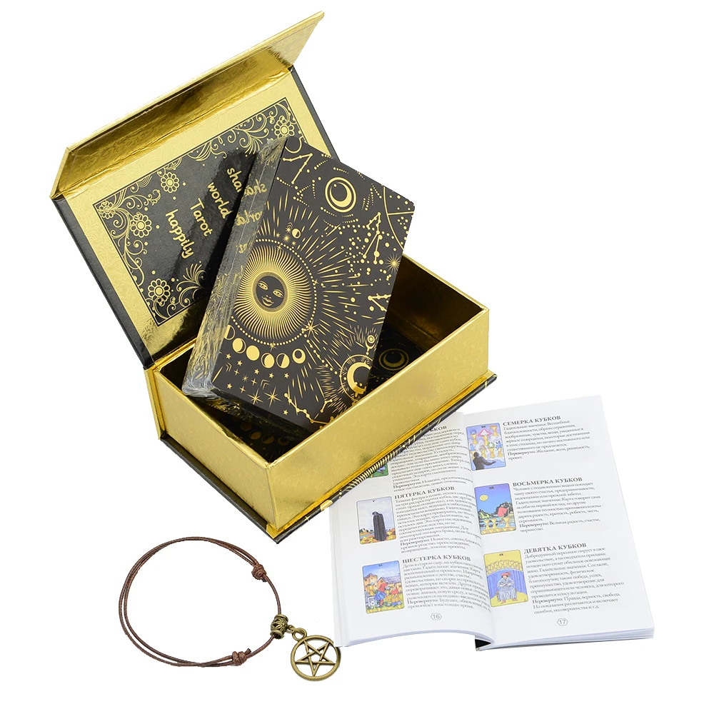 Rider Gold Foil Tarot 12x7cm Russian Version Card Game PVC Waterproof Board Game Poker Divination Gift Box Set   Manual