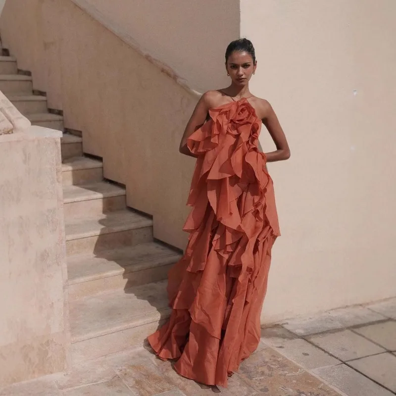 Luxo high-end feminino floral babados bolo em camadas sem costas halter vestido festa de casamento aniversário vestidos longos para férias femininas