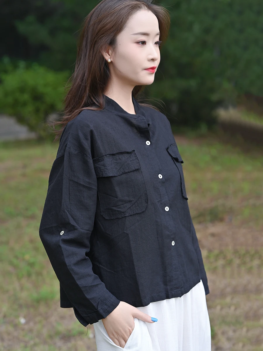 

Black Flax Shirt Women's Short Loose Fit Breathable Slimming Cotton Linen Top Summer Sun Protection Shirt Casual Style