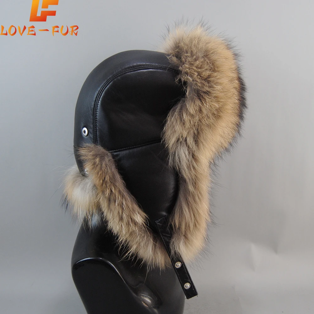 

2025 Unisex Outdoor Winter Natural Real Fox Fur Bombers Hats Warm Soft Quality Real Raccoon Fur Cap Real Sheepskin Leather Hat